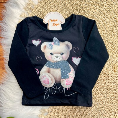 Conj. Blusa Manga Longa Ursinha e Calça Legging Mini Corações - Preto 